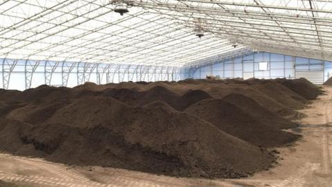 Compost in piles at facility